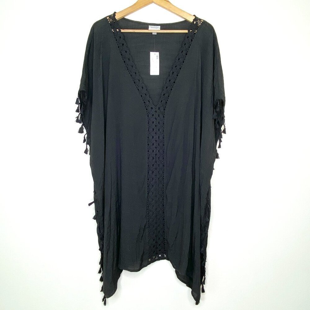 NWT Avenue Black Tassel Trim Crochet Caftan Kimono Cover Up Plus Size 22/24